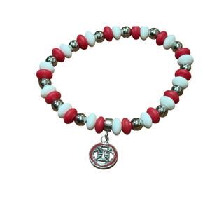 Rustic Cuff Red, White , & Silver Beads Stretch Bracelet Stackable logo charm